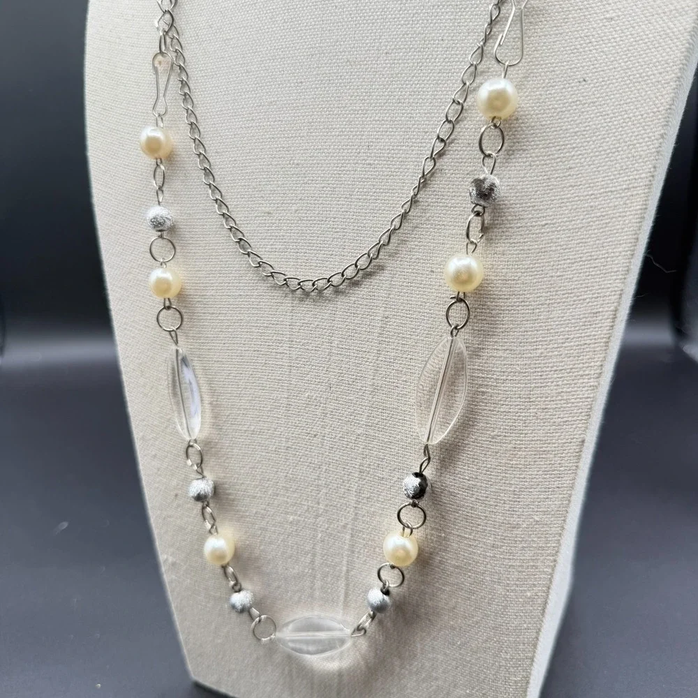 Silver Tone Faux Pearl Clear Bead Long Layering Necklace Y2K Boho Statement
